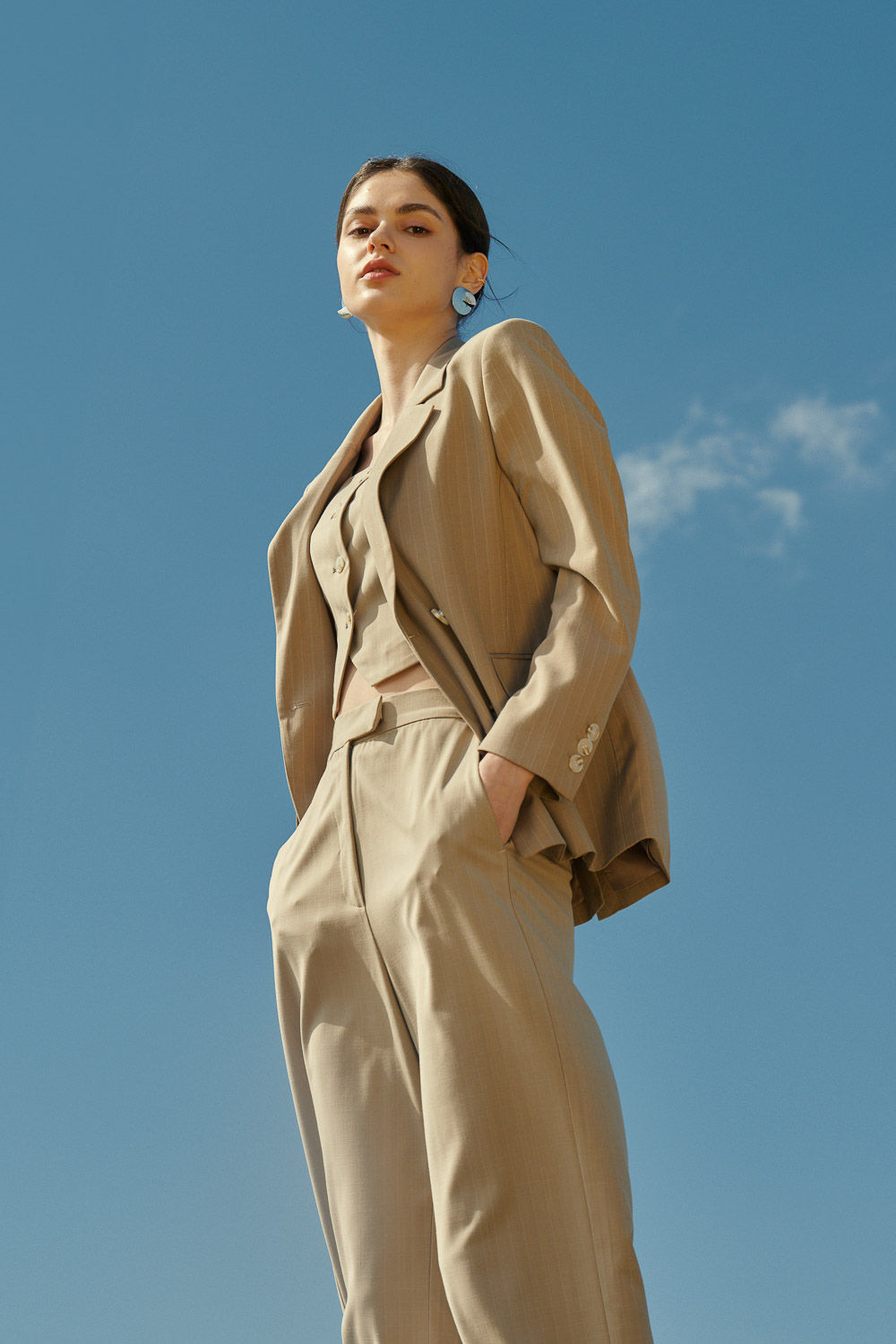 SST&C Khaki Straight Stripe Square Collar Suit Jacket | 7162404007  (Outlet)_3
