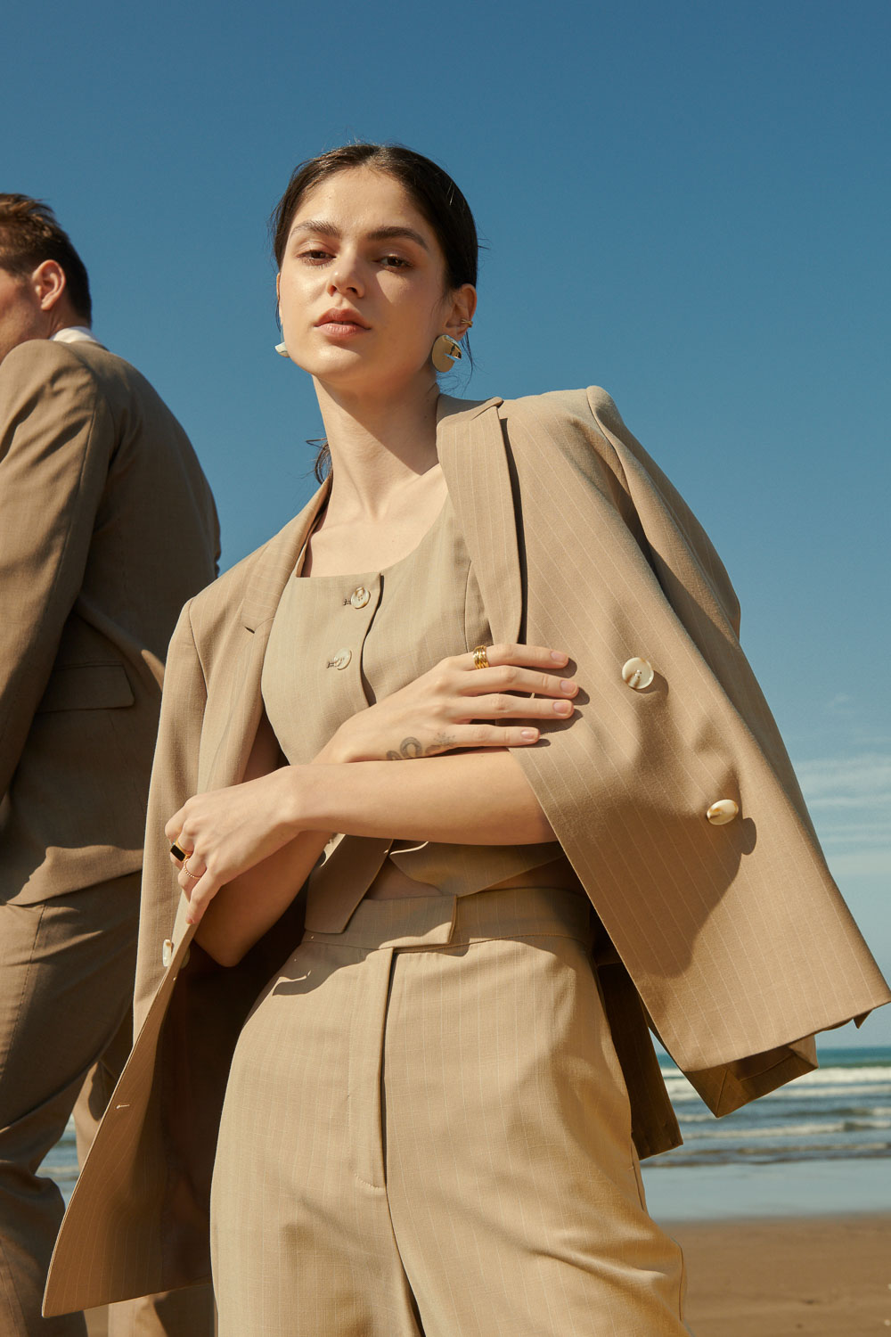 SST&C Khaki Straight Stripe Square Collar Suit Jacket | 7162404007  (Outlet)_4