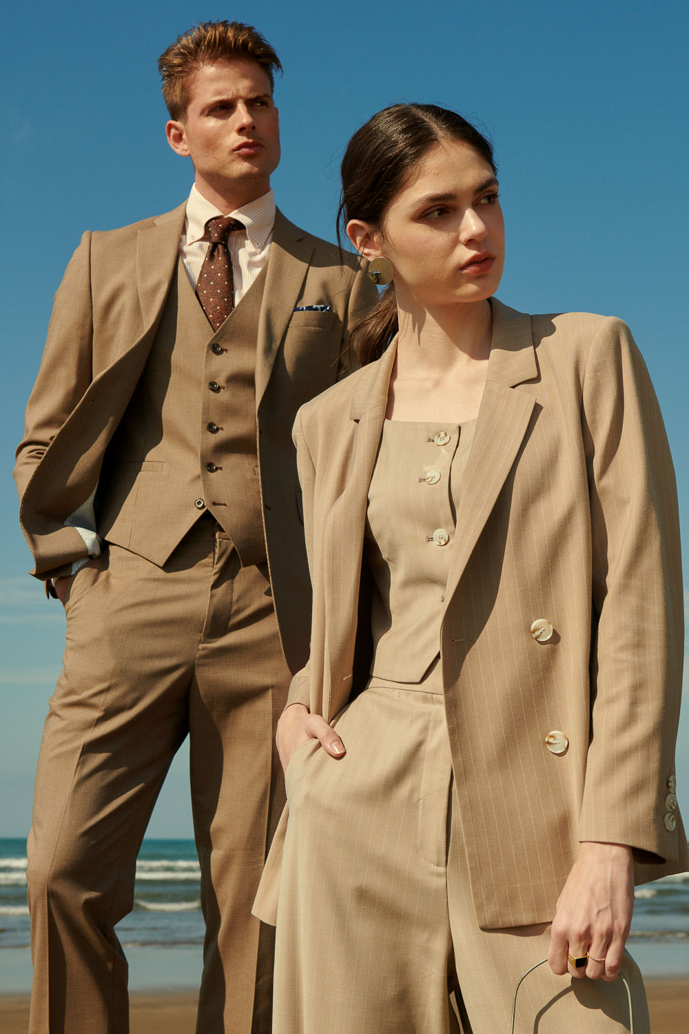SST&C Khaki Straight Stripe Square Collar Suit Jacket | 7162404007  (Outlet)_7