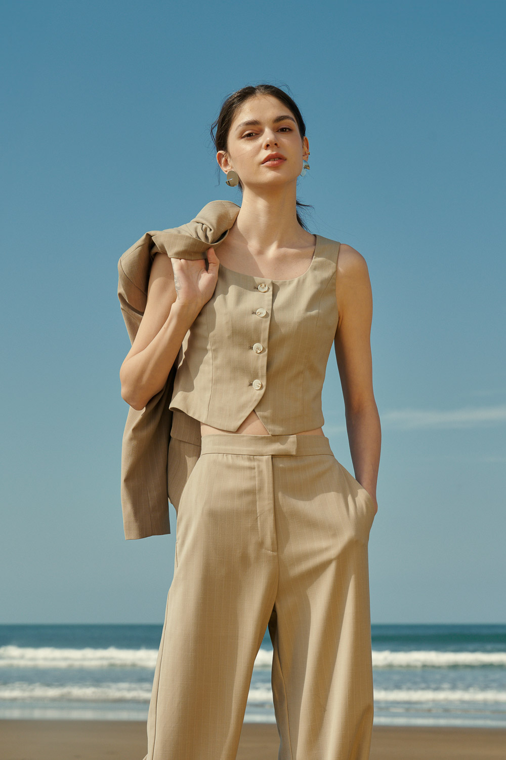 SST&C Khaki Straight Stripe Suit Vest | 7762404001  (Outlet)_0