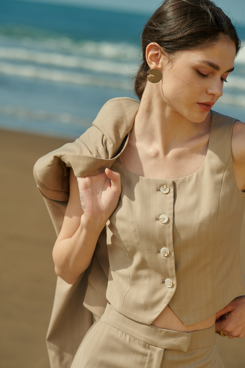 SST&C Khaki Straight Stripe Suit Vest | 7762404001  (Outlet)_1