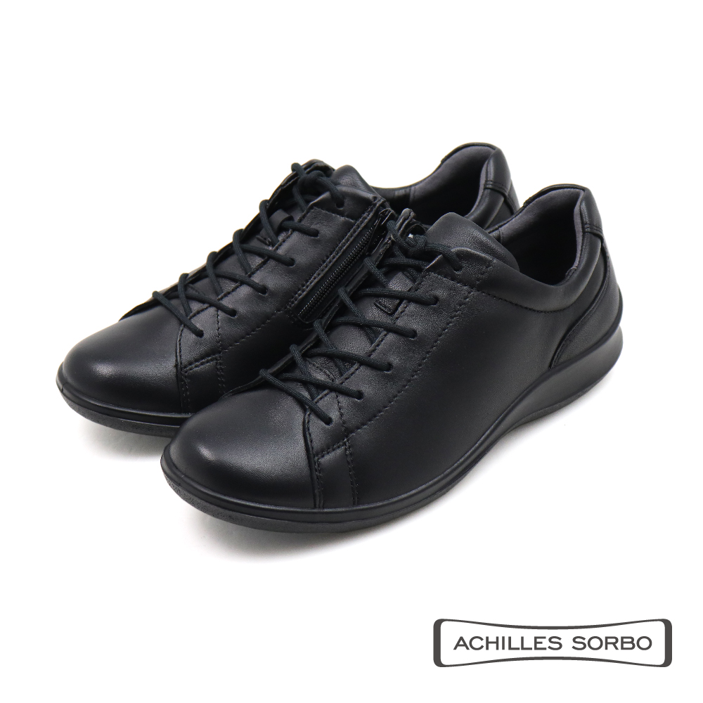 【Achilles】素面壓線氣墊綁帶皮質休閒鞋 黑色(ASC555-BL)