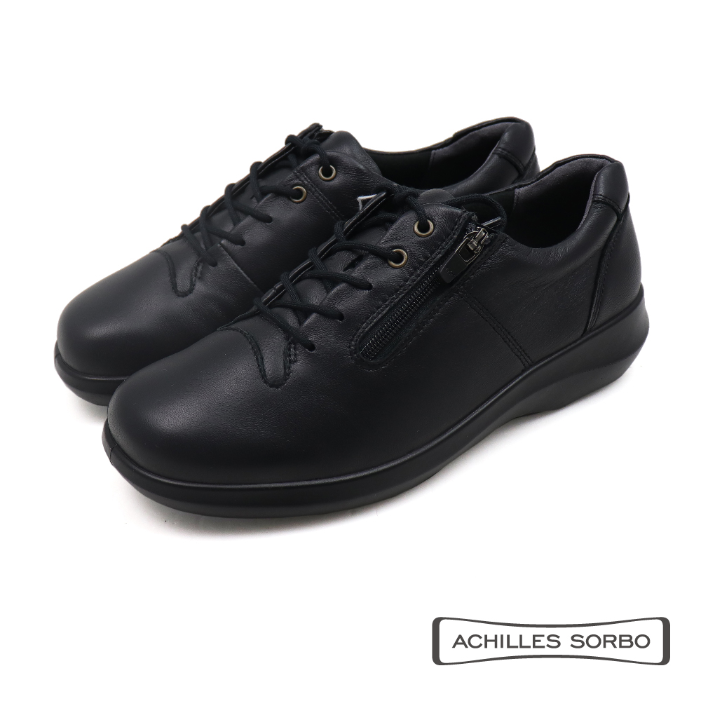 【Achilles】小羊皮防水增高側拉鍊綁帶休閒鞋 黑色(ASC556-BL)