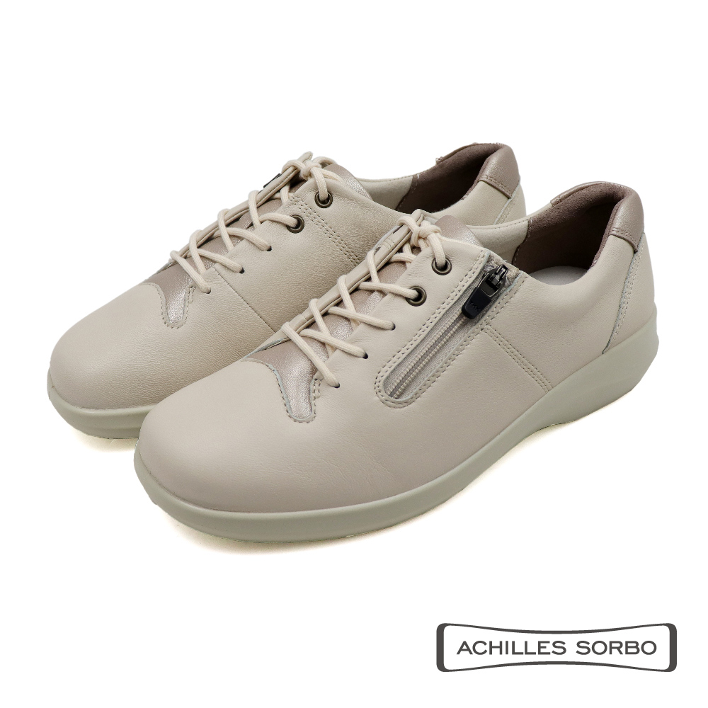 【Achilles】小羊皮防水增高側拉鍊綁帶休閒鞋 白色(ASC556-IVRS)
