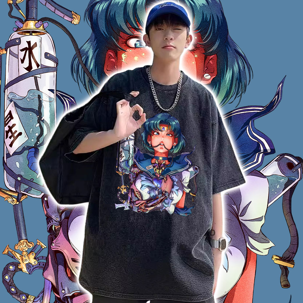 水星仙子 水野亞美 賽博龐克美少女戰士 做舊水洗純棉短TEE 台灣製_0