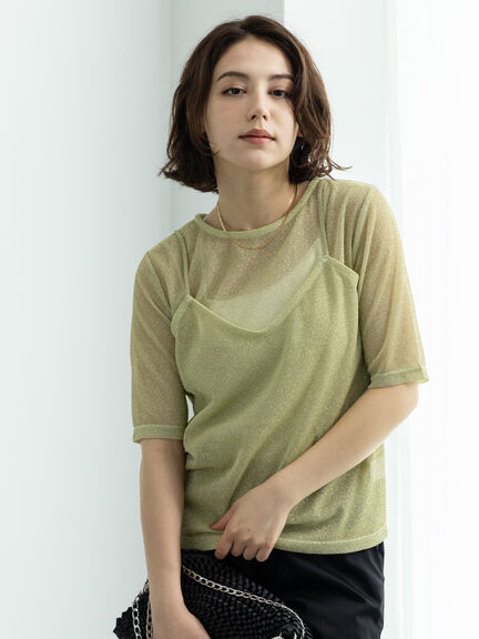 【SET ITEM】金屬光澤感吊帶背心+金屬光澤感圓領短袖上衣(FC46L1C0380) - Te chichi
