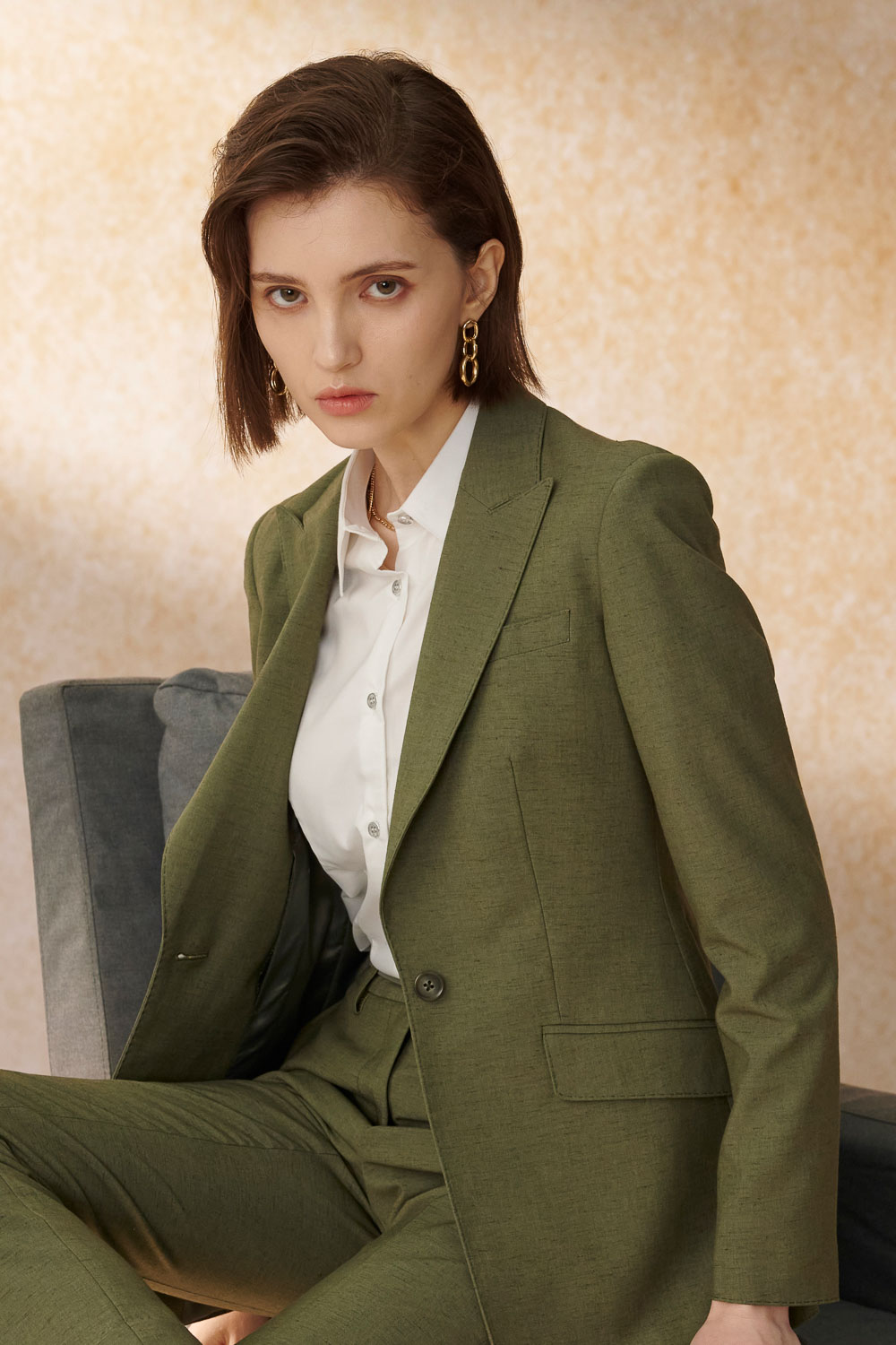 SST&C Olive Green Sword Collar Fitted Suit Jacket | 7162405002_0