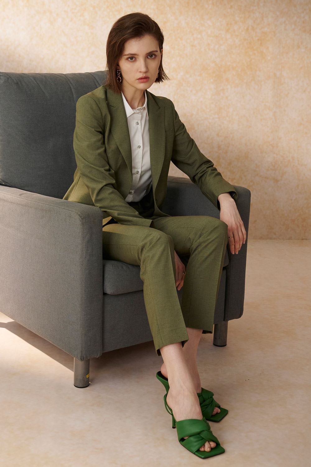 SST&C Olive Green Sword Collar Fitted Suit Jacket | 7162405002_1