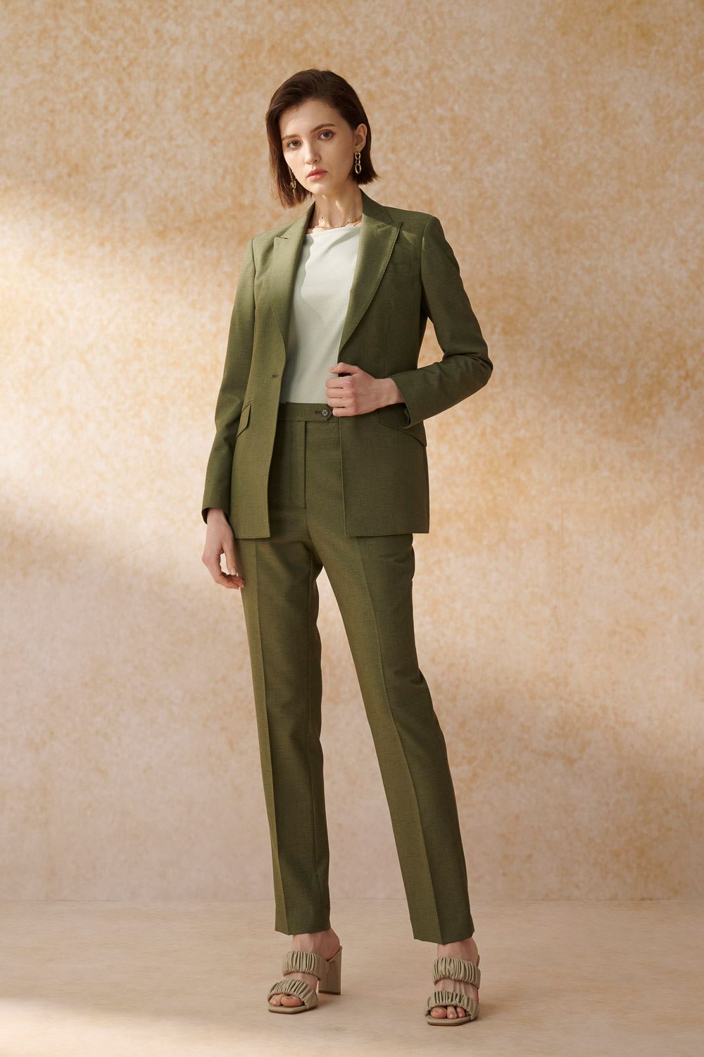 SST&C Olive Green Sword Collar Fitted Suit Jacket | 7162405002_2