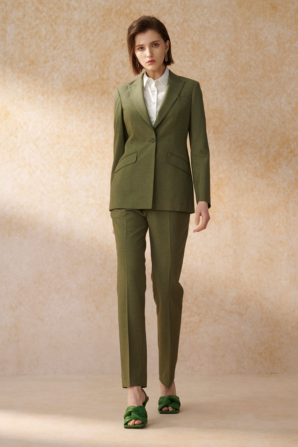 SST&C Olive Green Sword Collar Fitted Suit Jacket | 7162405002_3