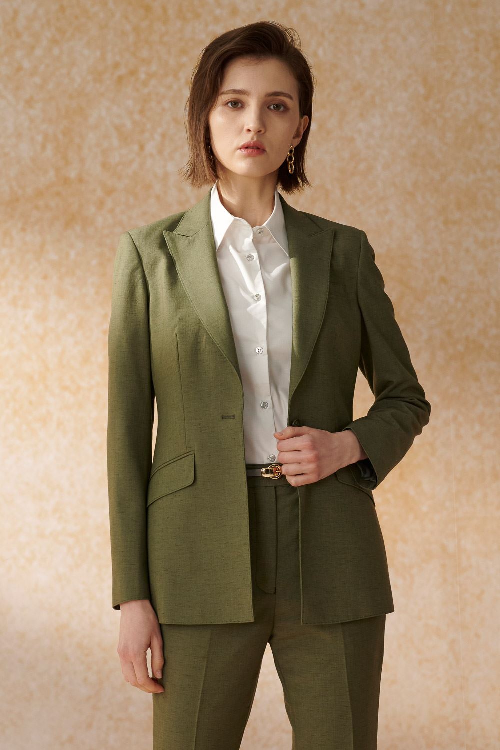 SST&C Olive Green Sword Collar Fitted Suit Jacket | 7162405002_4