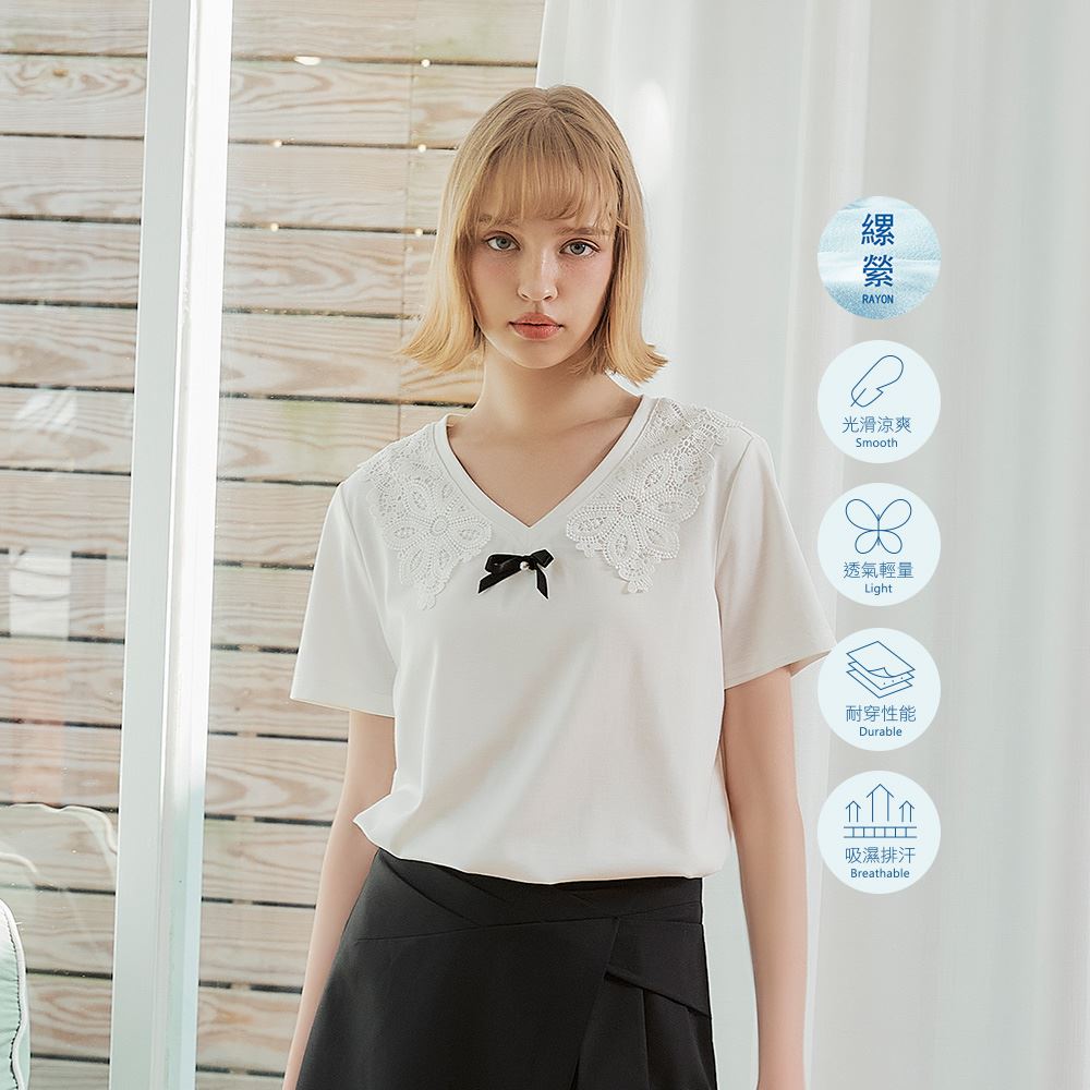 OUWEY歐薇 甜美感蕾絲領片縲縈上衣(白色；S-L)3242321252_1