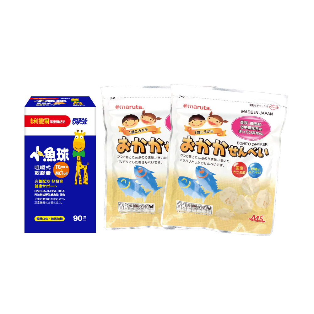 小兒利撒爾嚴選 日本進口太田油脂無敏寶寶仙貝(鰹魚)x2包+ 小兒利撒爾 小魚球咀嚼式軟膠囊(90粒)