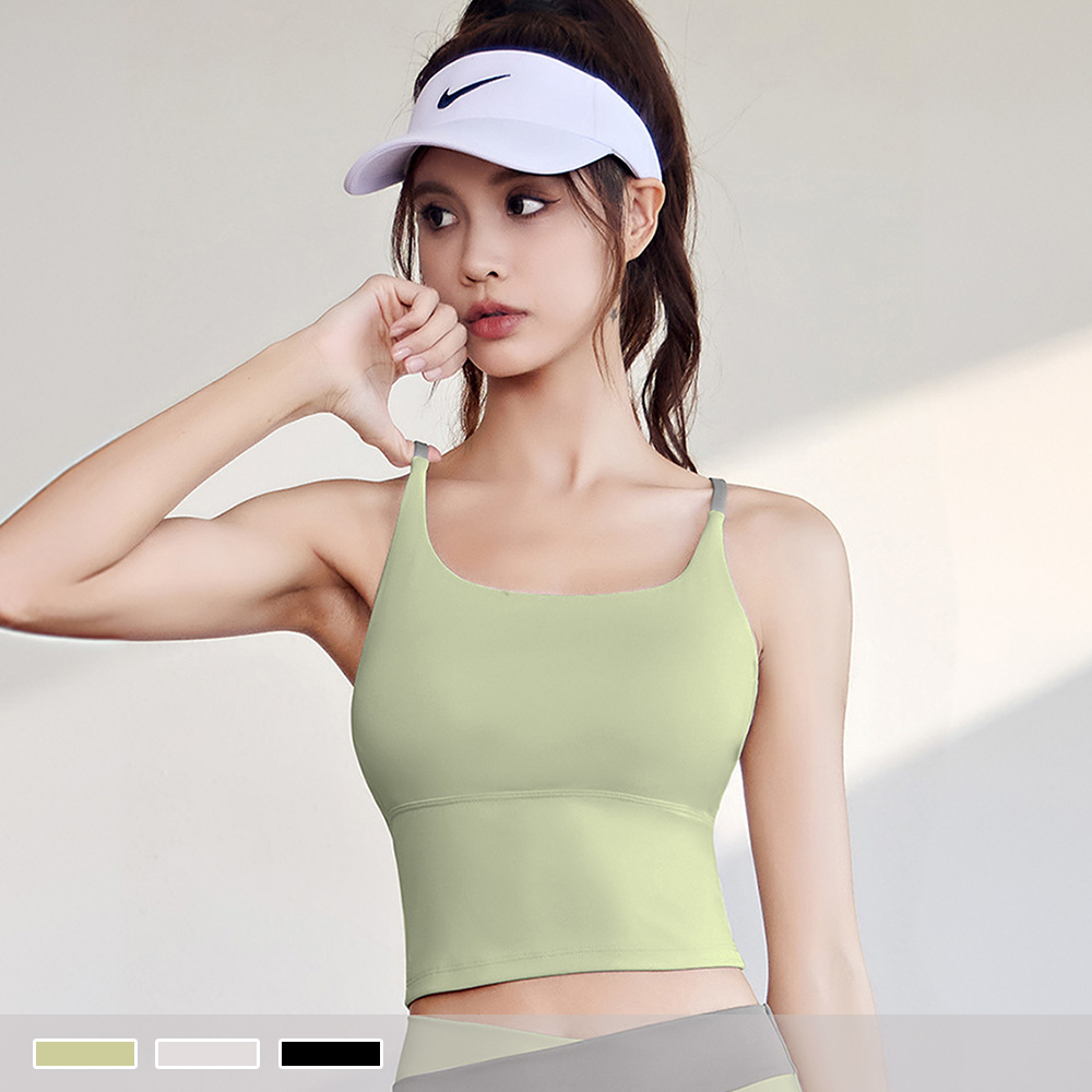 運動內衣【背心式】裸感透氣 拼色細肩帶交叉美背 抗震收腰 固定式胸墊 瑜珈背心 1109_0