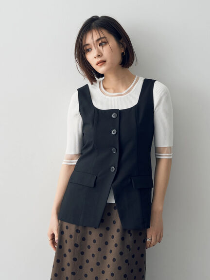 仿亞麻感俐落排釦方形領背心(7A42L0X0100) - YECCA VECCA