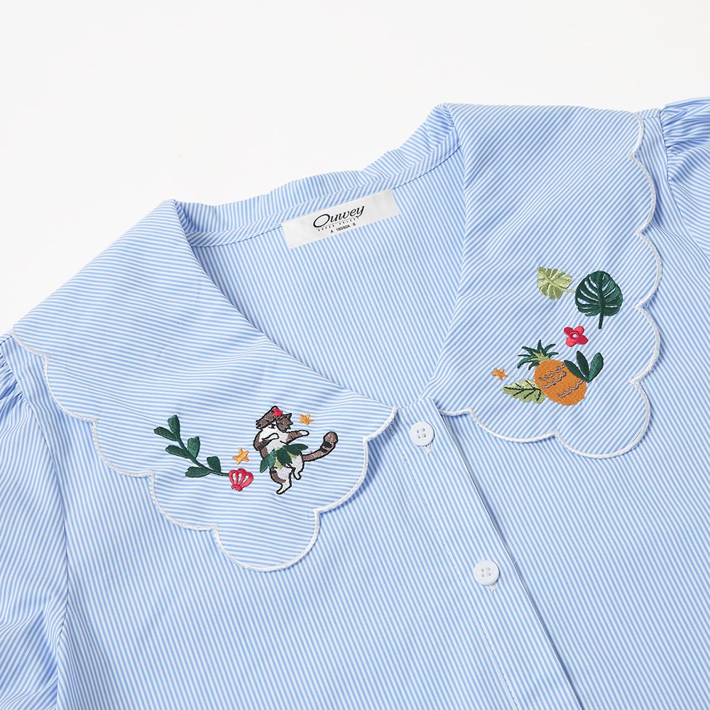 OUWEY歐薇 熱帶花草萌寵刺繡襯衫(淺藍色；S-L)3242161518_2