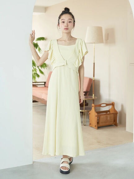 【SET ITEM】荷葉摺邊短版V領罩衫+細肩吊帶洋裝(1M42L0H0540) - earth music&ecology