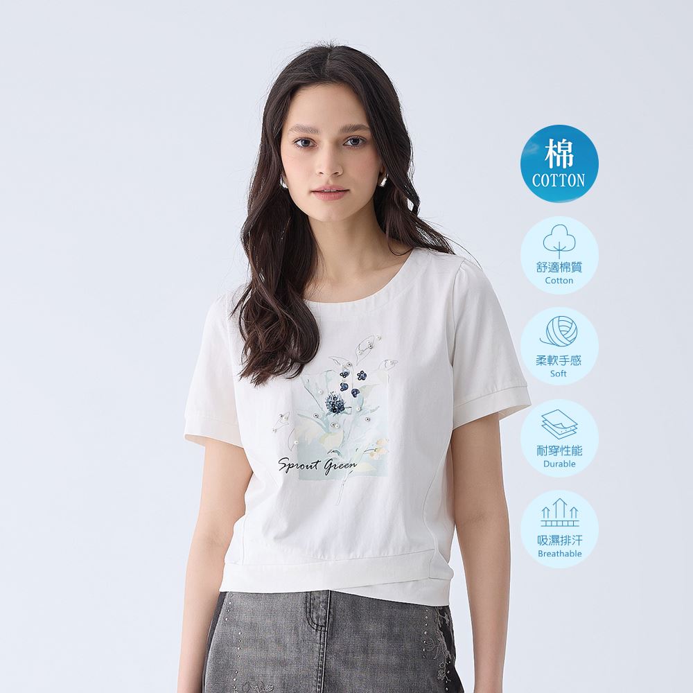 ILEY伊蕾 多片拼接花卉縫珠棉T(白色；M-XL)1242521202_1