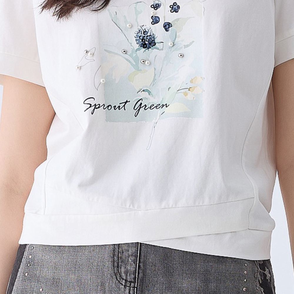 ILEY伊蕾 多片拼接花卉縫珠棉T(白色；M-XL)1242521202_3