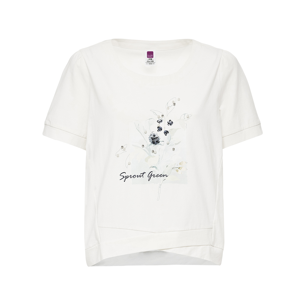 ILEY伊蕾 多片拼接花卉縫珠棉T(白色；M-XL)1242521202_4