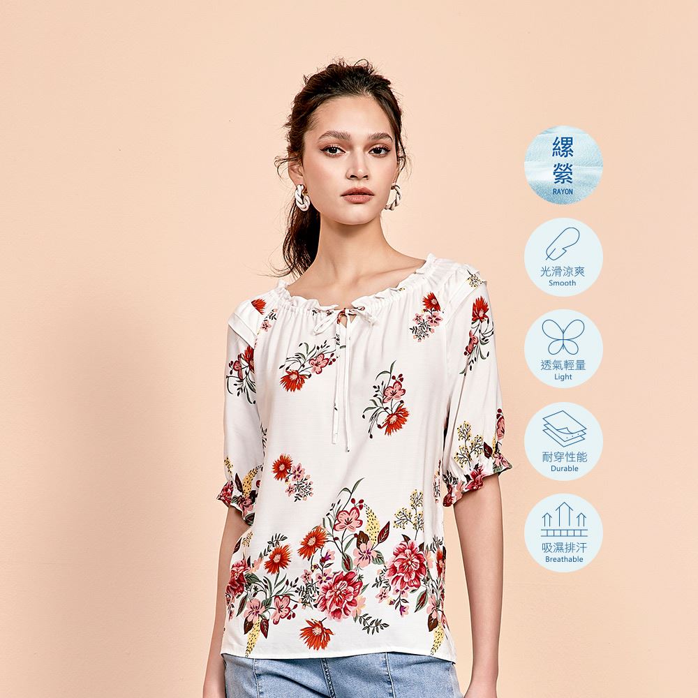 ILEY伊蕾 浪漫花卉荷葉邊縲縈上衣(白色；M-XL)1242071409_1
