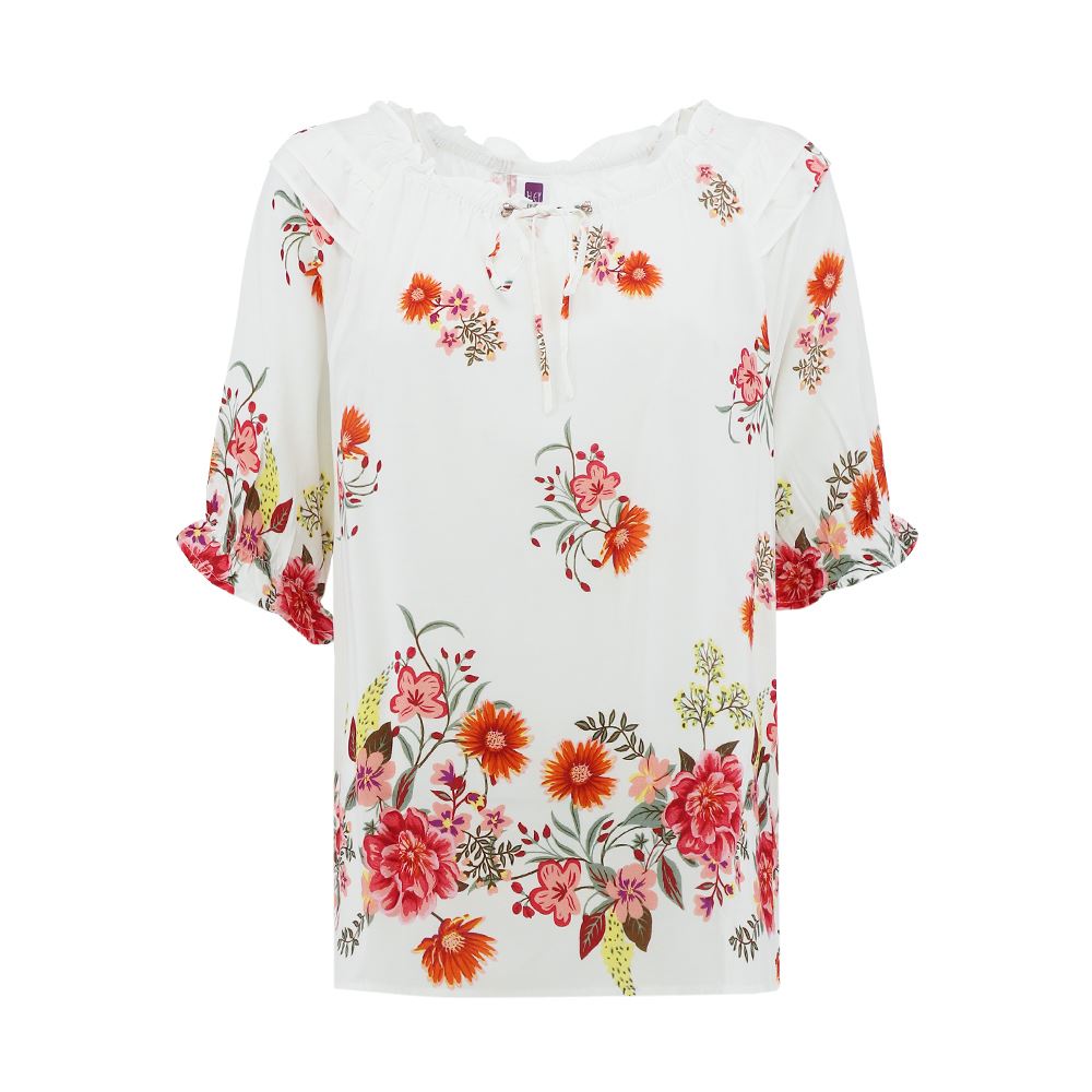 ILEY伊蕾 浪漫花卉荷葉邊縲縈上衣(白色；M-XL)1242071409_4