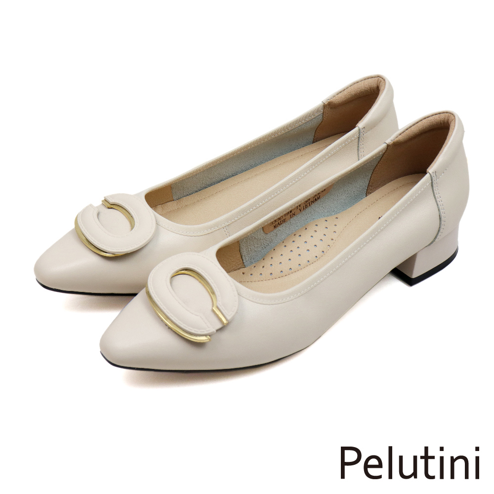 【Pelutini】經典C字釦環造型淑女低跟鞋 象牙白(333018W-IV)