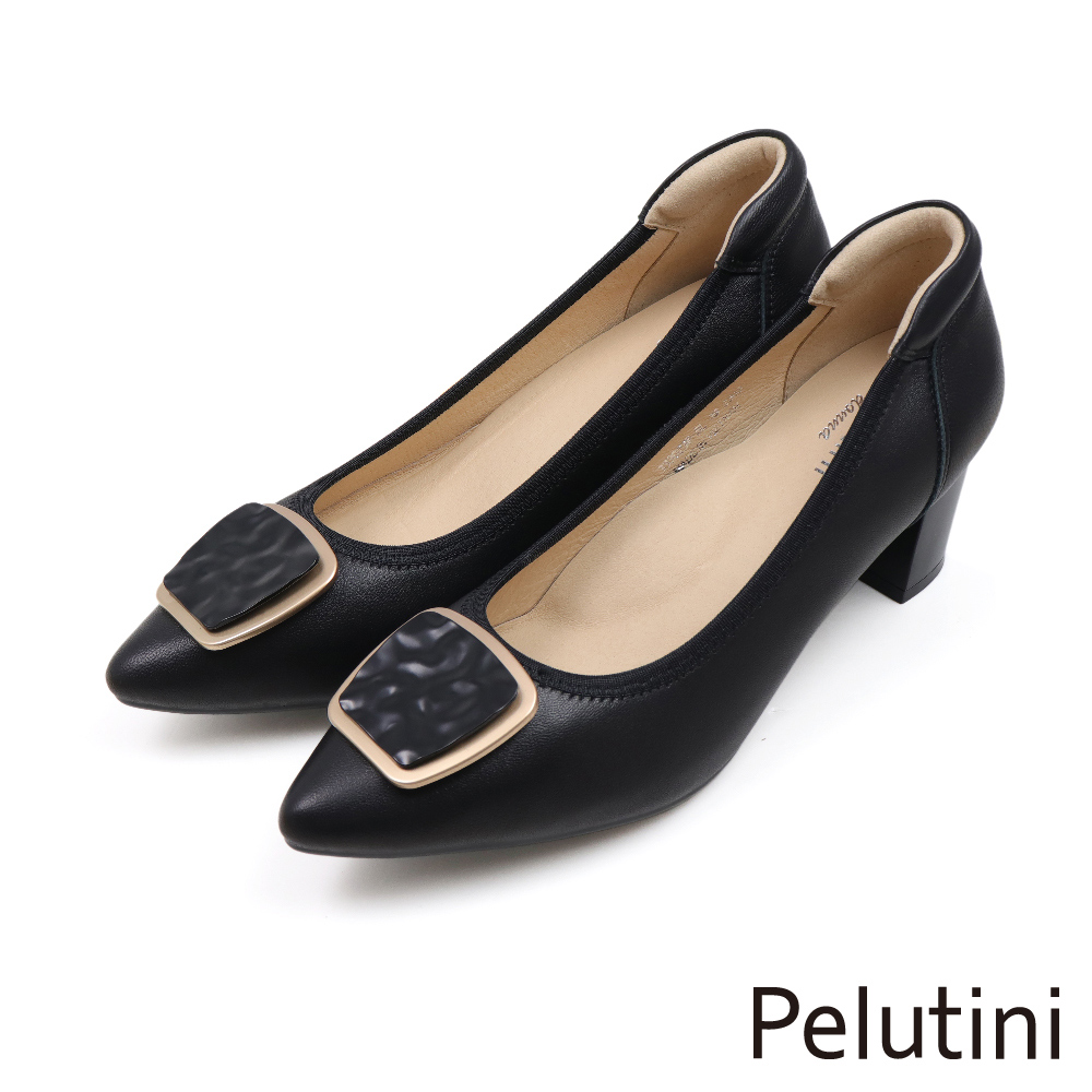 【Pelutini】方形波浪紋金屬釦環高跟鞋 黑色(333023W-BL)