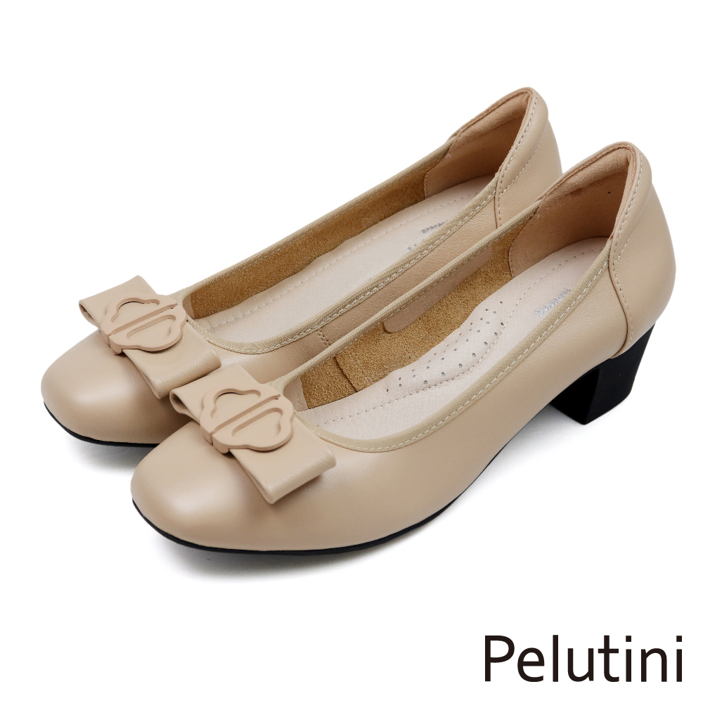 【Pelutini】花型蝴蝶結釦飾淑女跟鞋 杏色(333025W-BE)