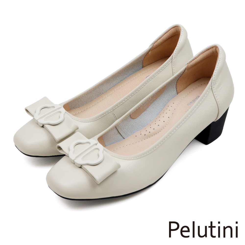 【Pelutini】花型蝴蝶結釦飾淑女跟鞋 象牙白(333025W-IV)