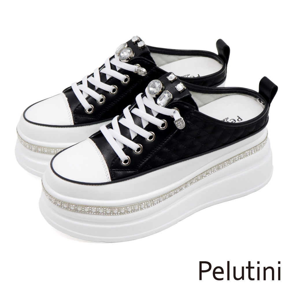 【Pelutini】免綁帶珍珠厚底增高皮質鬆糕鞋 黑色(435105W-BL)