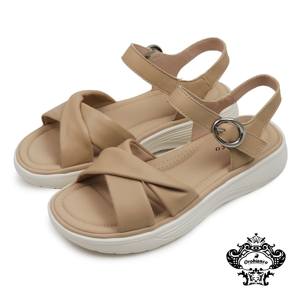 【Orobianco】經典寬帶交叉造型厚底軟墊涼鞋 杏色(OR443105W-BE)
