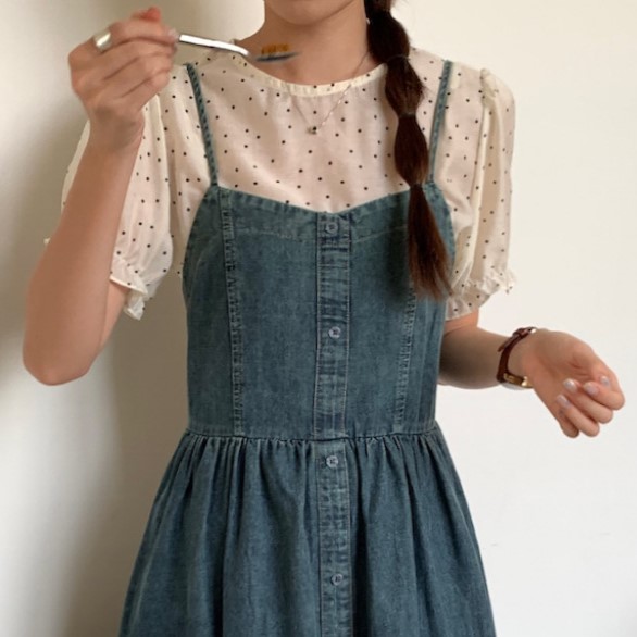 泡泡袖波點短袖襯衫_0