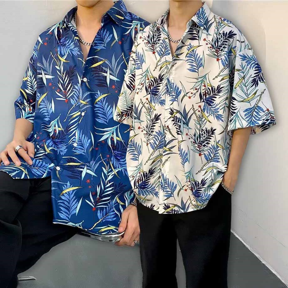 藍色葉子薄款花襯衫_0
