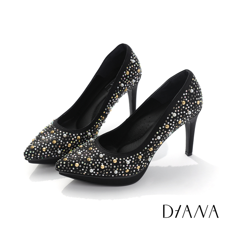 DIANA 10cm黛妃綢緞布x閃耀水鑽前高後高晚宴派對尖頭細高跟鞋 夜空 #53609