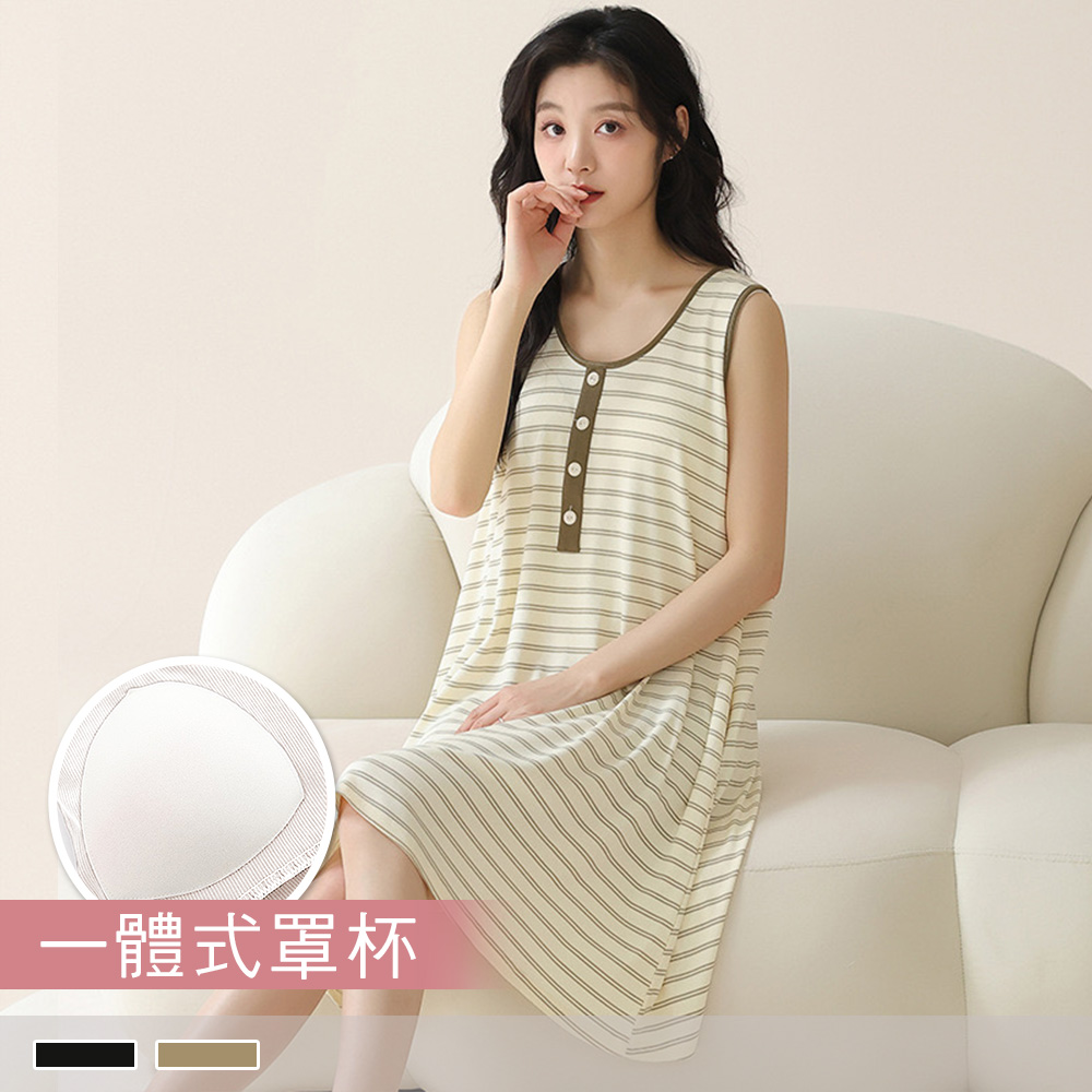 連身睡裙【罩杯式】躍動條紋 圓領涼感透氣螺紋無袖連身睡衣 居家服 11929_0