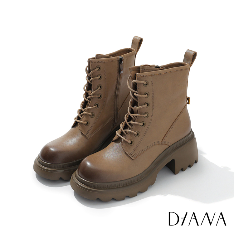 DIANA 7 cm軟牛皮擦色系綁帶厚底軍靴 卡其  #53905