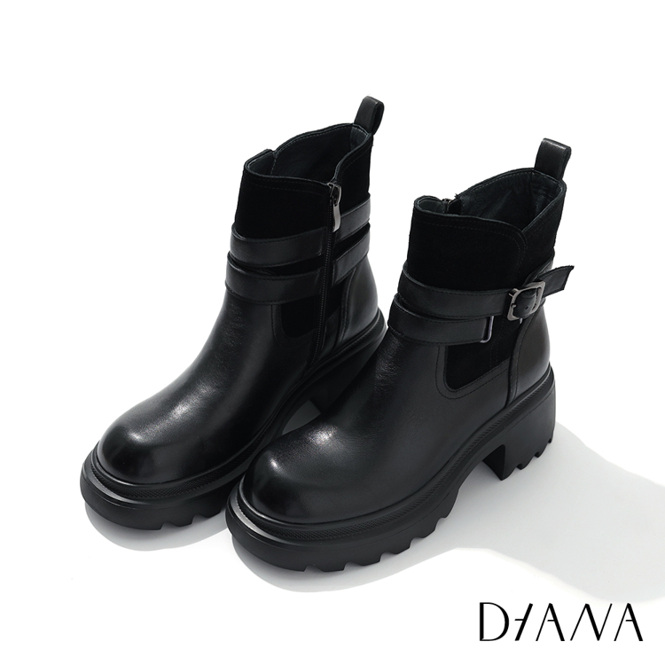 DIANA 7 cm擦色軟牛皮皮帶釦飾減齡感厚底高跟工程靴 黑糖  #53906