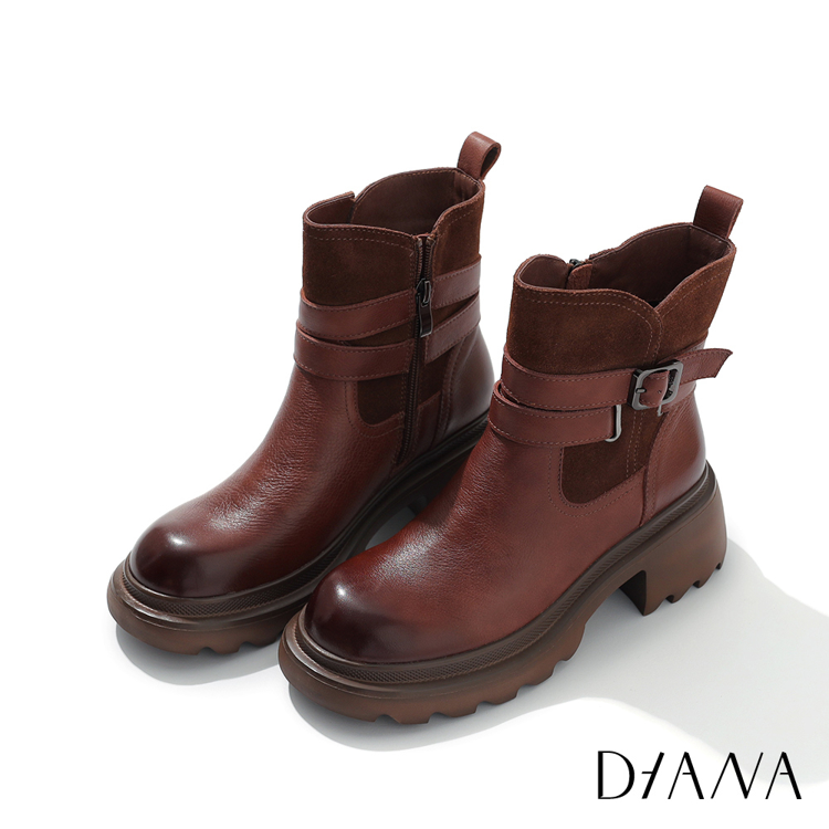 DIANA 7 cm擦色軟牛皮皮帶釦飾減齡感厚底高跟工程靴 咖啡  #53906