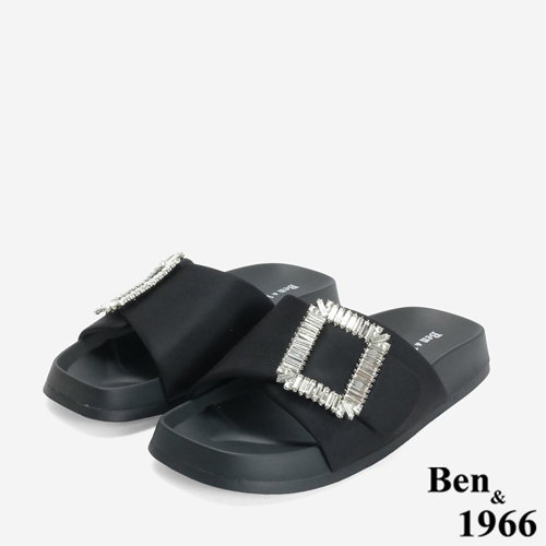 Ben&1966高級絲綢布精緻方鑽簡約拖鞋-黑(246491)_0