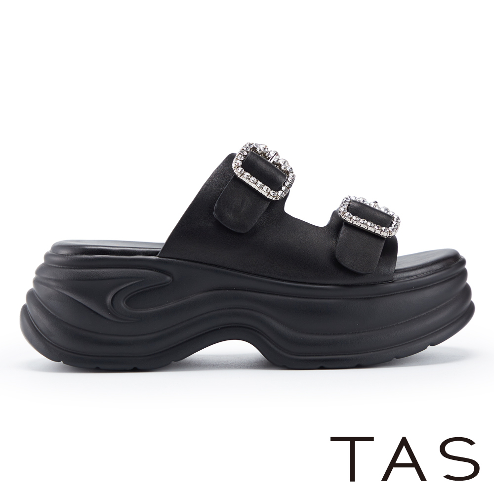TAS 二字寬帶亮鑽羊皮厚底拖鞋 黑色 #45370