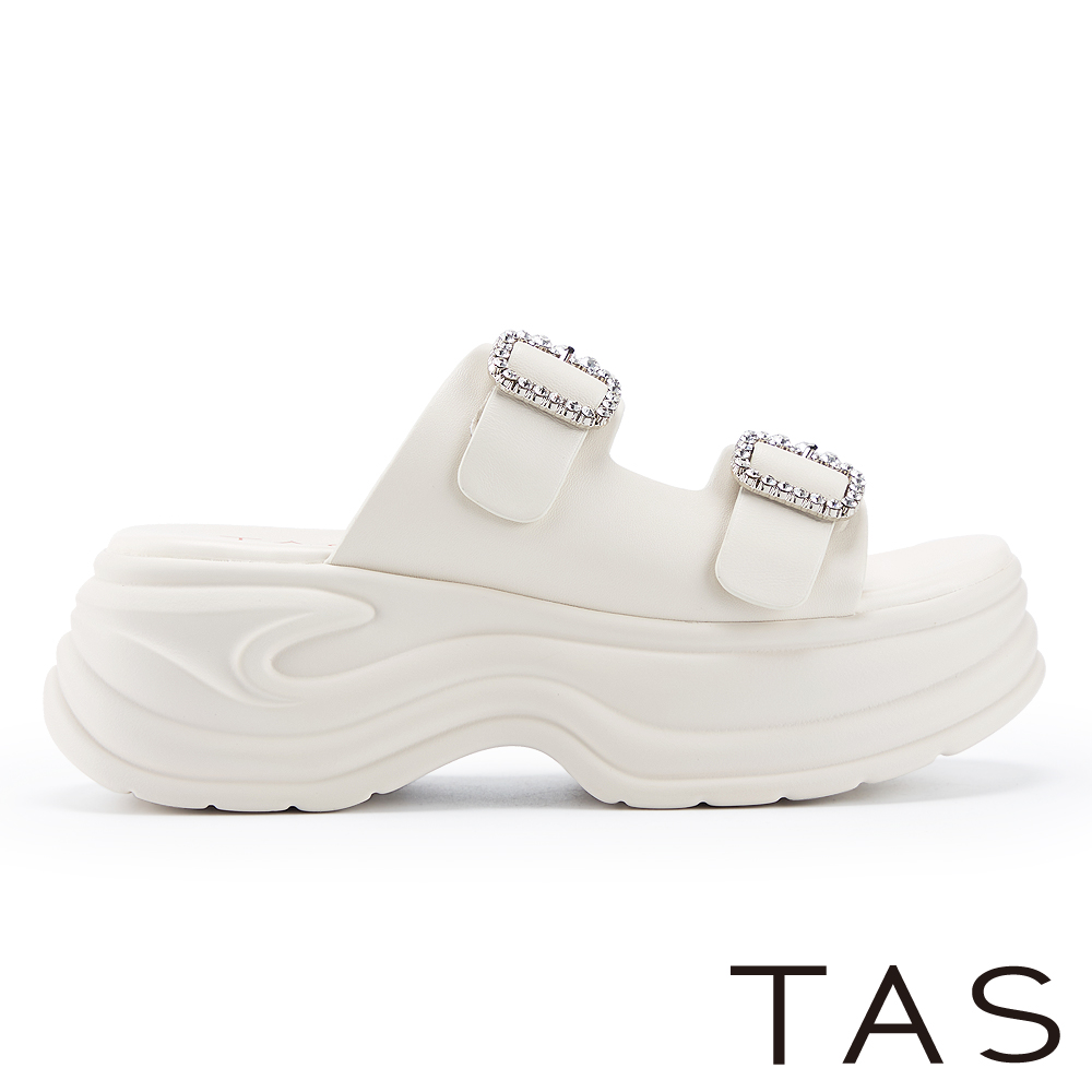 TAS 二字寬帶亮鑽羊皮厚底拖鞋 米白 #45370