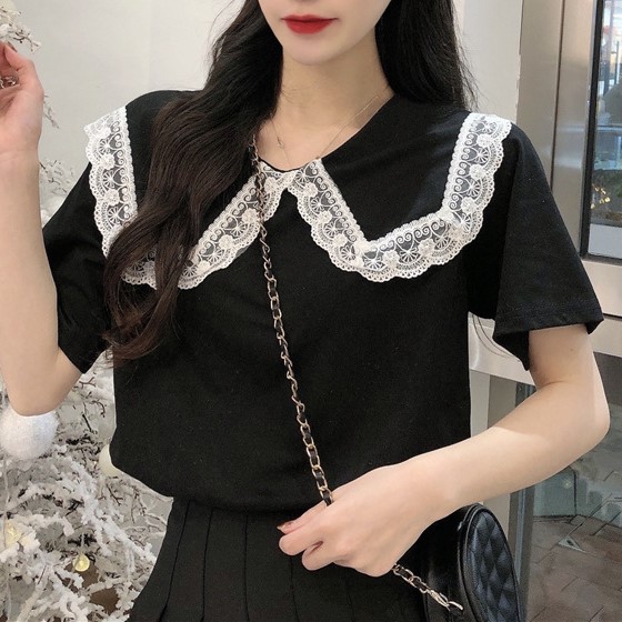 JK羅莉感蕾絲娃娃領短袖上衣_0