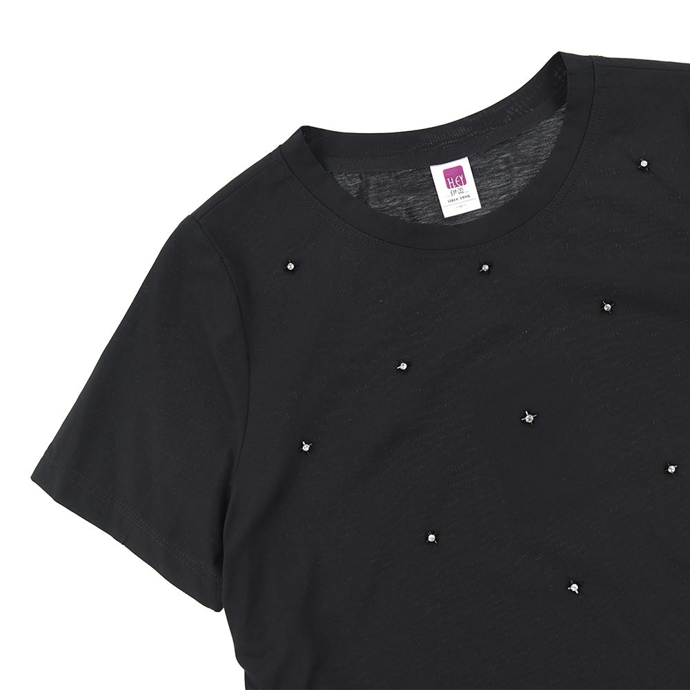 ILEY伊蕾 鑽飾點綴絲光棉綁帶上衣(黑色；M-XL)_2