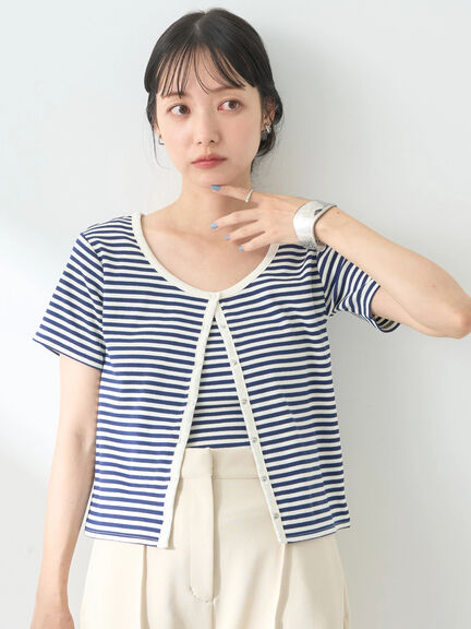 【SET ITEM】橫條紋配色圓領短袖罩衫+吊帶背心(1L43L1D0230) - earth music&ecology