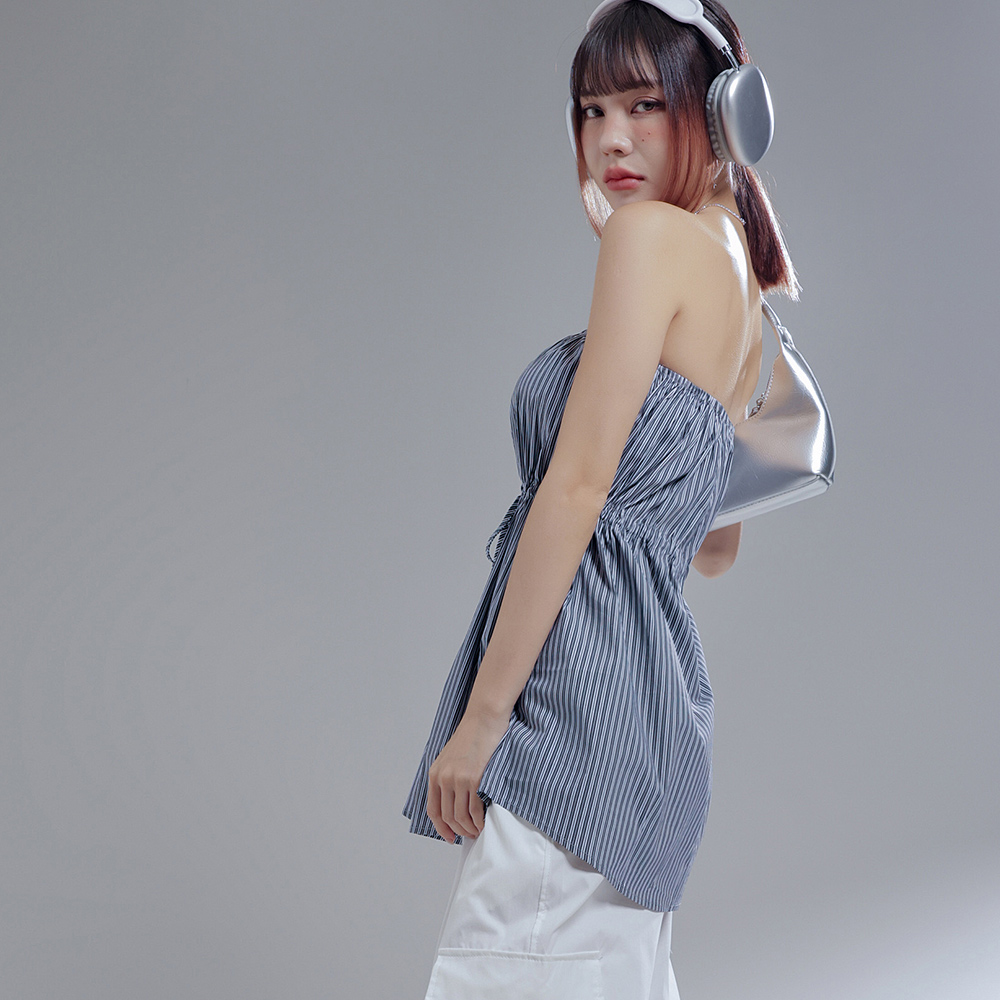 條紋縮腰平口上衣-黑【KT223872】_0