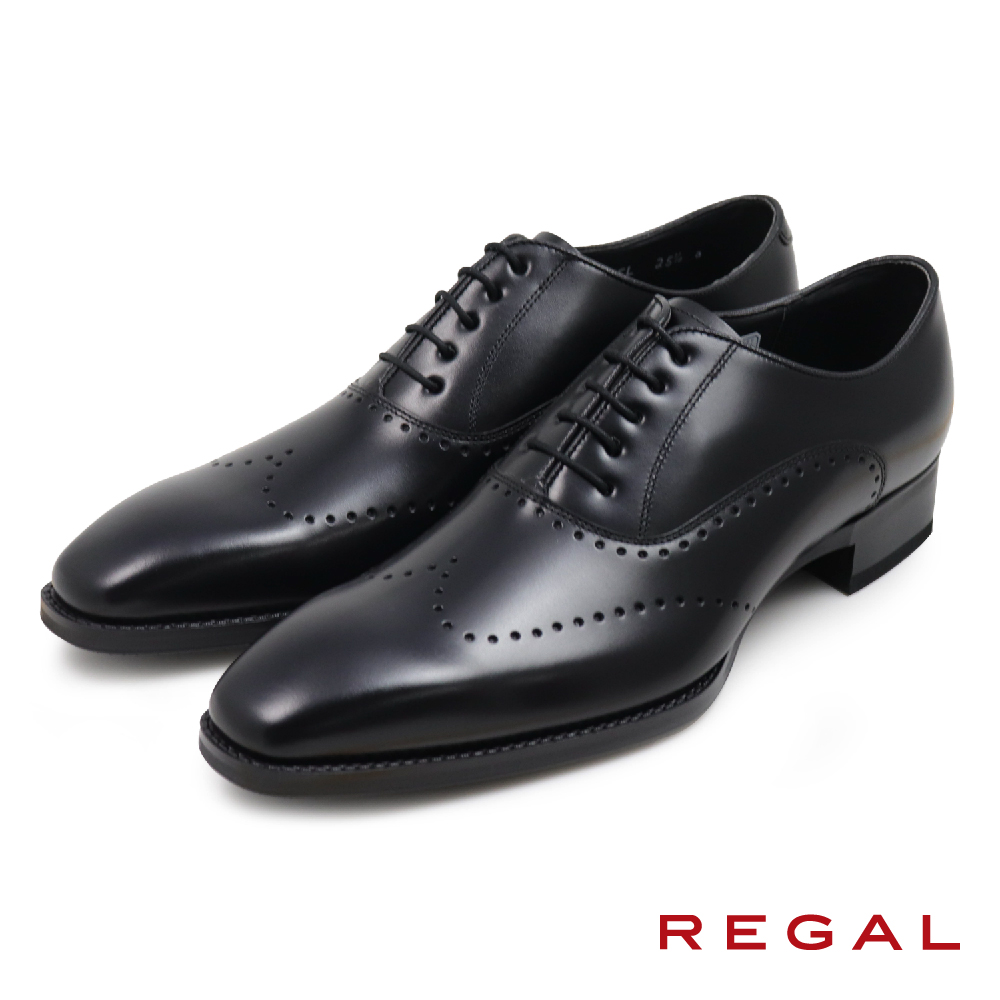 【REGAL】日本原廠壓線雕孔商務牛津鞋 黑色(25EL-BL)