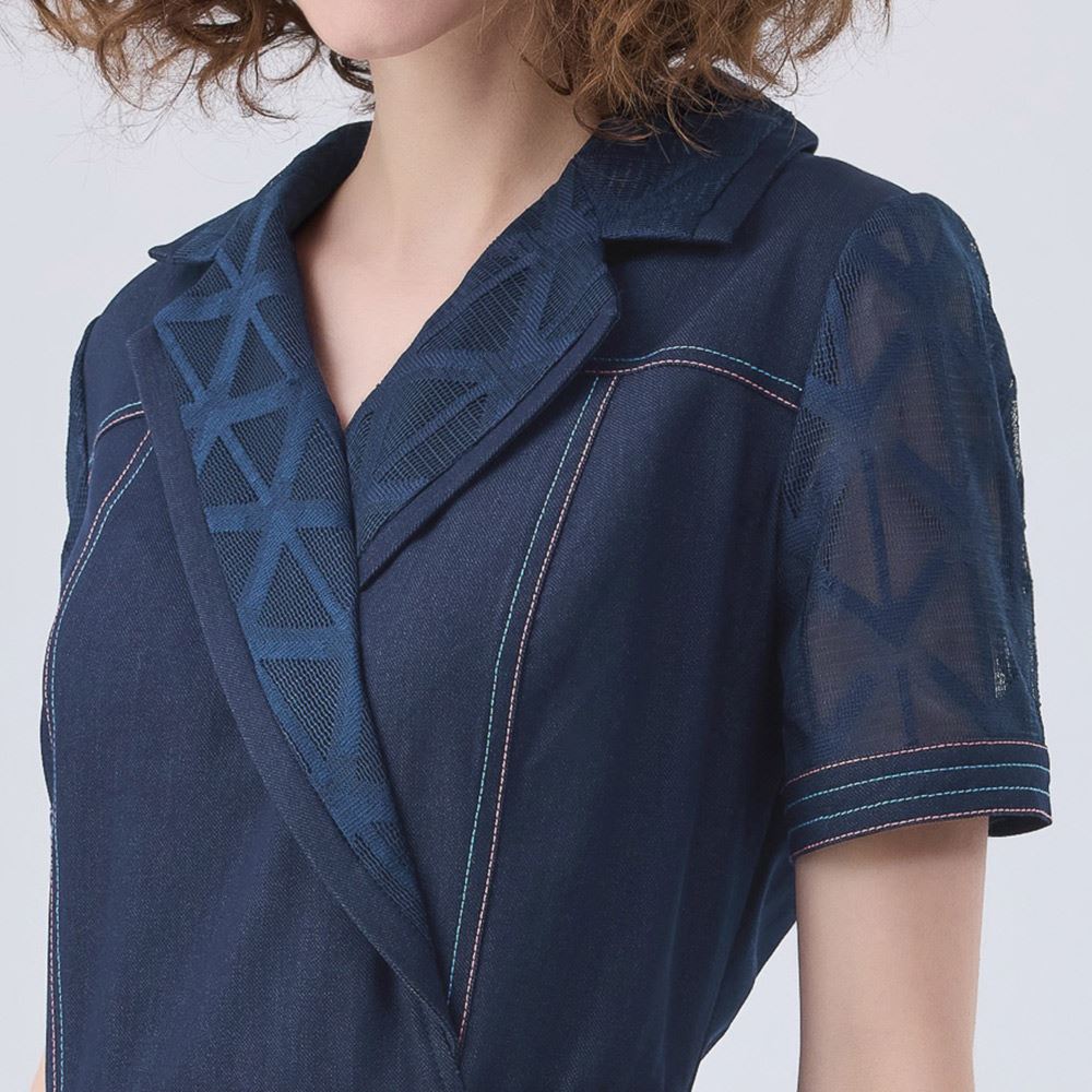 ILEY伊蕾 縷空領片拼接牛仔洋裝(深藍色；M-XL)_2